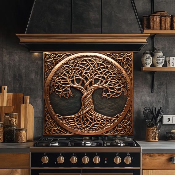 Rustic Copper Celtic Tree of Life Backsplash, Tempered Glass Art, Custom Size Design