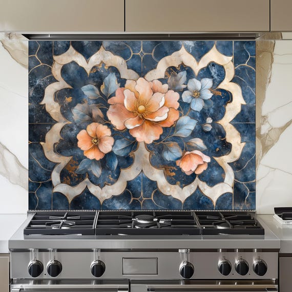 Moroccan Floral Glass Backsplash, Blue Geometric Stove Guard, Heat Resistant Easy Clean Kitchen Art