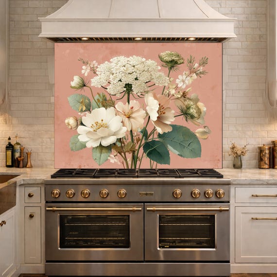 Neutral Floral Tempered Glass Kitchen Backsplash, Modern Wall Art Decor