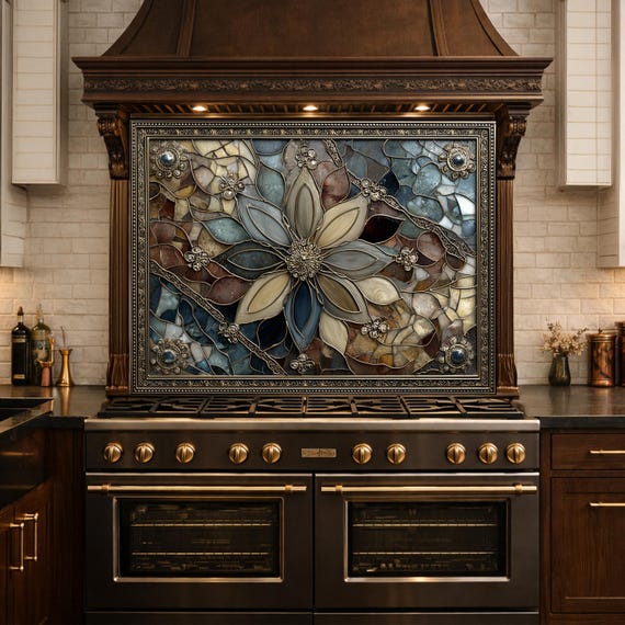 Floral Stained Glass Kitchen Backsplash, Luxury Mosaic Panel Behind Stove Wall Decor