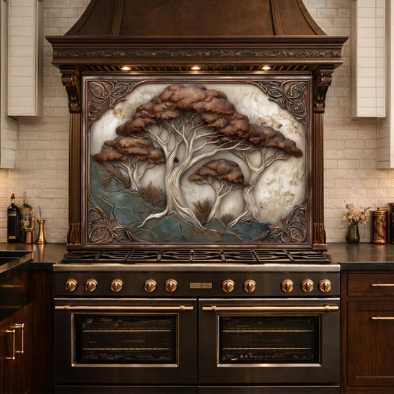Majestic Oak Trees Backsplash, Copper Look Nature Wall Panel, Rustic Forest Decor, Custom Size