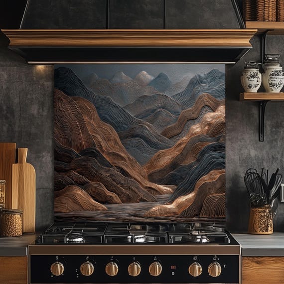 Tempered Glass Mountain Backsplash: Copper & Charcoal Abstract Art