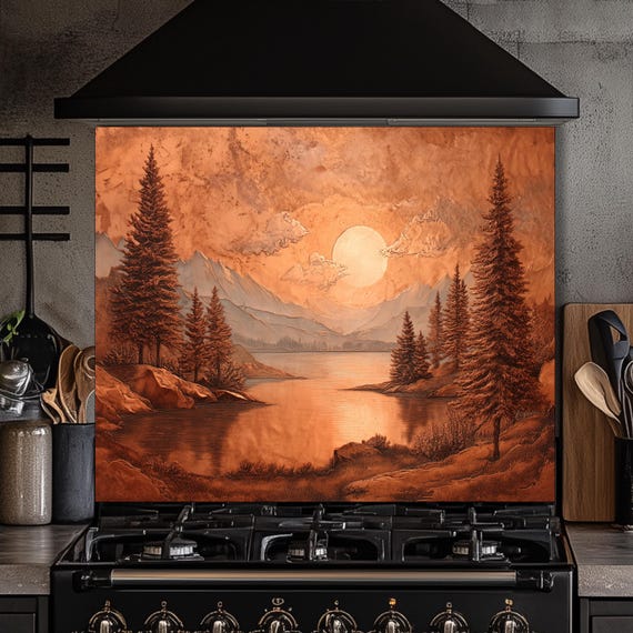Tempered Glass Mountain & Deer Backsplash: Rustic Copper Kitchen Decor
