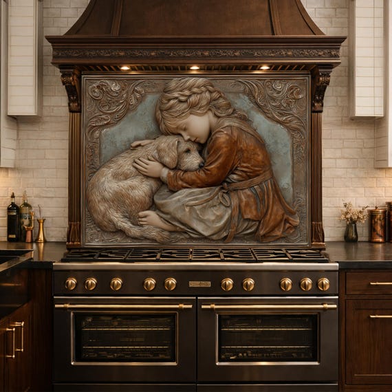 Young Girl and Golden Retriever Tempered Glass Backsplash, Copper Relief Look Wall Panel