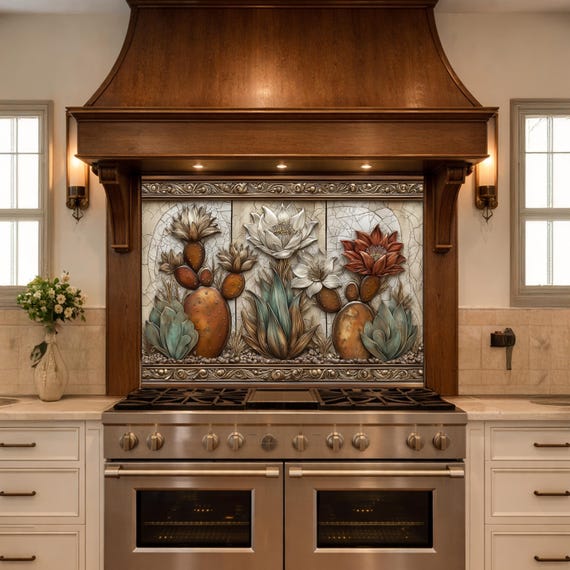 Desert Oasis Tempered Glass Backsplash, Copper Look Saguaro Cactus Wall Panel, Custom Size