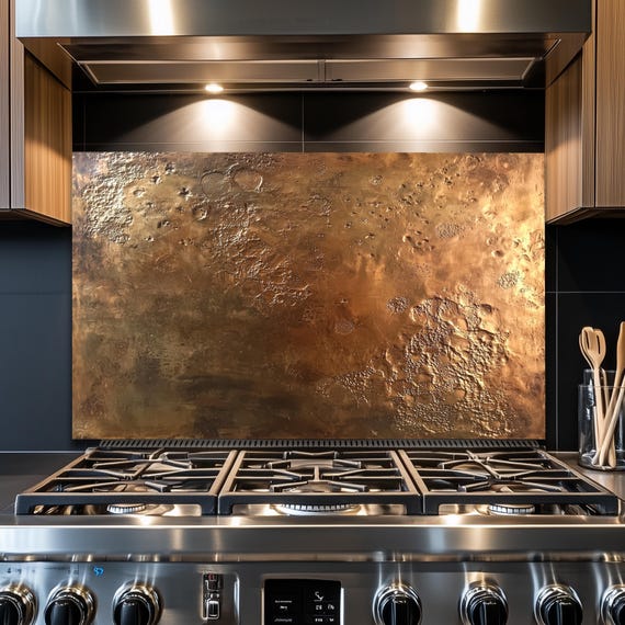 Textured Copper-Effect Glass Backsplash: Rustic Kitchen Decor