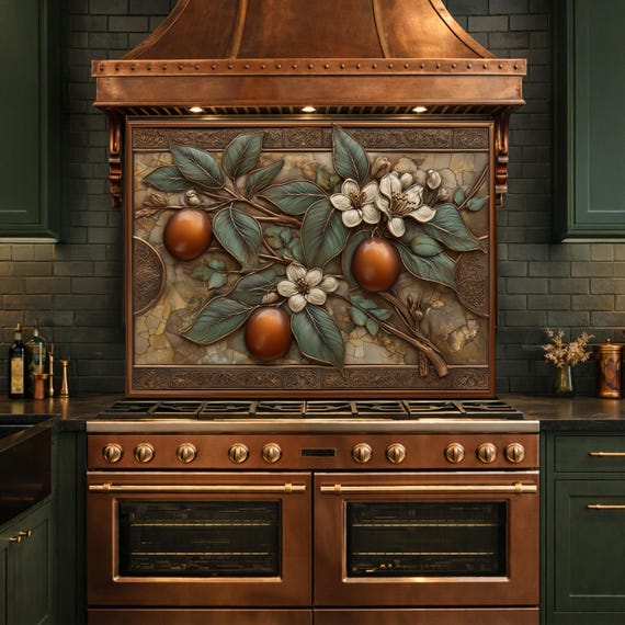 Botanical Lemon Tempered Glass Backsplash, Copper Look Citrus Fruit Wall Panel, Custom Size