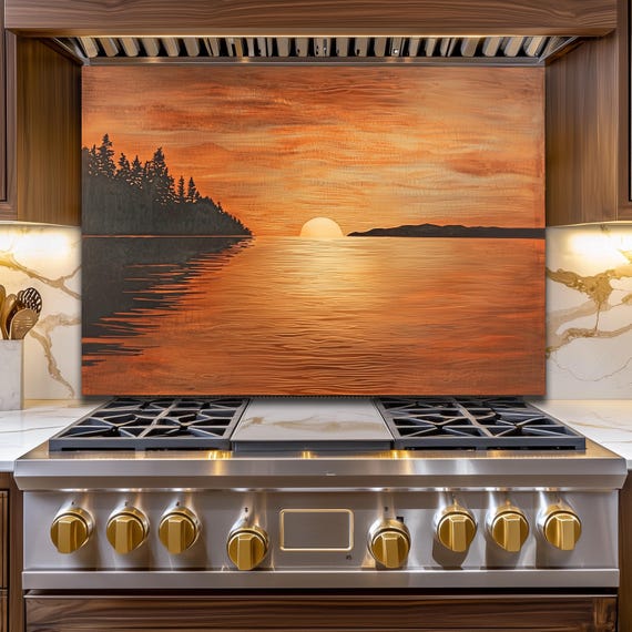 Sunset Ocean Glass Backsplash, Golden Sea Landscape Stove Guard, Heat Resistant Easy Clean Art