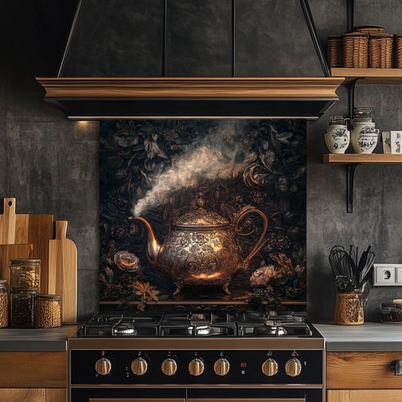 Vintage Teapot Tempered Glass Kitchen Backsplash: Heat-Resistant Stove Panel
