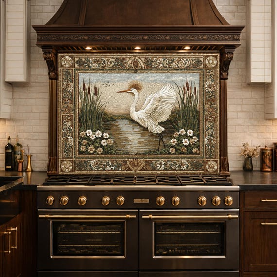 Heron Mosaic Tempered Glass Kitchen Backsplash, Nature Wildlife Decor