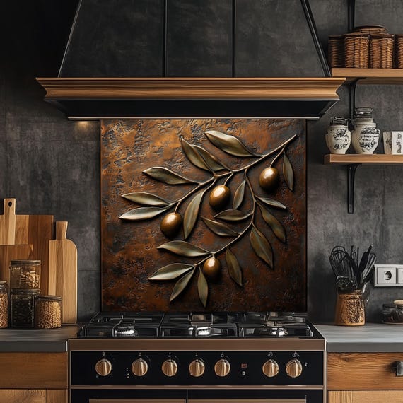 Olive Branch Tempered Glass Kitchen Backsplash, Rustic Mediterranean Decor, Custom Size Design