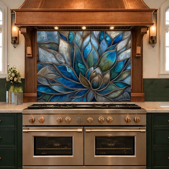 Blue Lotus Flower Tempered Glass Kitchen Backsplash, Stained Glass Mosaic Art Panel