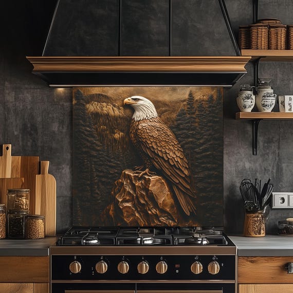 Bald Eagle Tempered Glass Kitchen Backsplash: Copper Effect