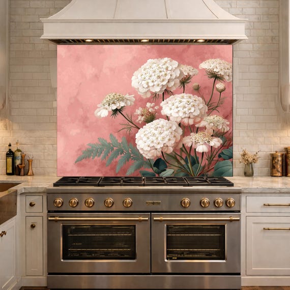 Pink Floral Tempered Glass Kitchen Backsplash, Modern Wall Art Panel