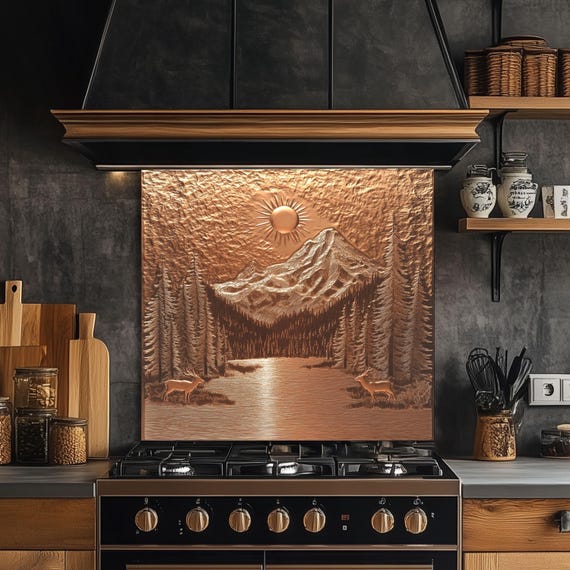Tempered Glass Kitchen Backsplash: Copper Mountain & Deer Scene
