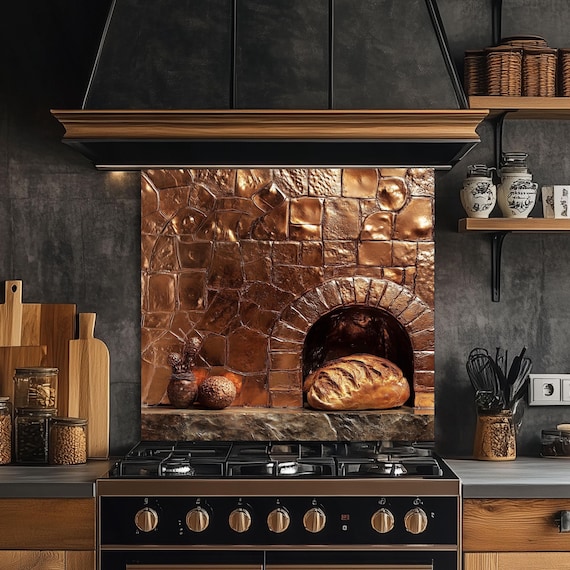 Embossed Copper Glass Backsplash, Rustic Oven Scene Stove Guard, Heat Resistant Farmhouse Wall Art