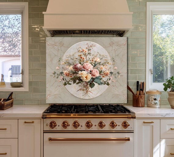Floral Marble Glass Backsplash, Vintage Bouquet Stove Guard, Heat Resistant Easy Clean Kitchen Art