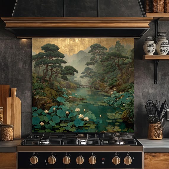 Zen Garden Glass Backsplash, Lotus Pond Kitchen Decor, Japanese Nature Stove Guard, Wall Panel