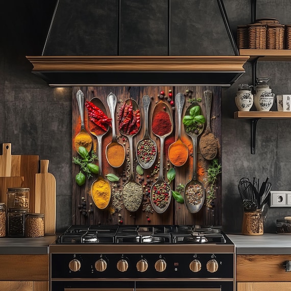 Spices Tempered Glass Backsplash: Heat Resistant Kitchen Wall Art