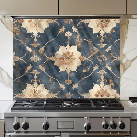 Moroccan Style Glass Backsplash, Blue Geometric Stove Guard, Heat Resistant Easy Clean Kitchen Art