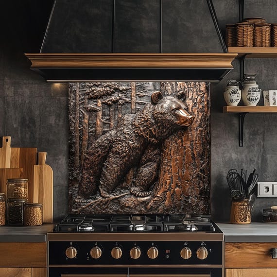 Handcrafted Copper Bear Backsplash: Rustic Cabin Kitchen Decor