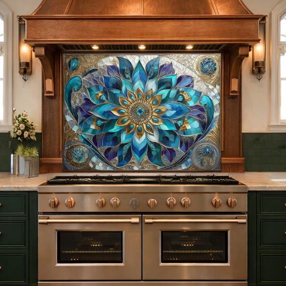Blue Mandala Tempered Glass Kitchen Backsplash Panel – Teal Gold Floral Art