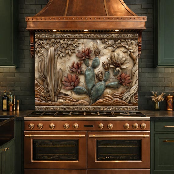 Desert Wilderness Tempered Glass Backsplash, Copper Look Cactus Mountain Wall Panel, Custom Size