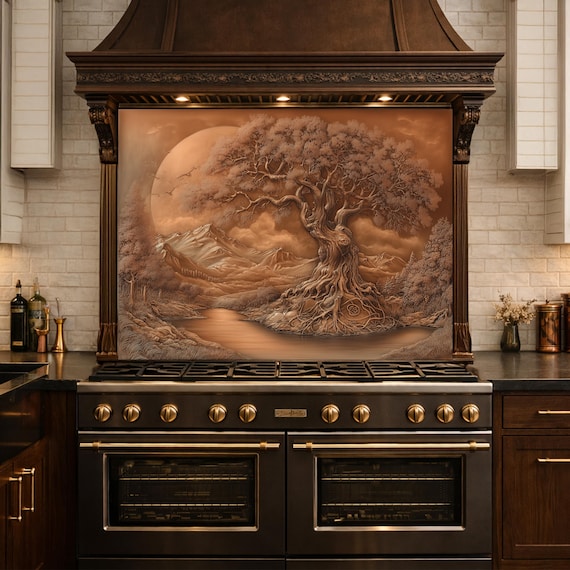 Copper Tree of Life Glass Kitchen Backsplash Panel, Mountain Stove Guard Wall Art
