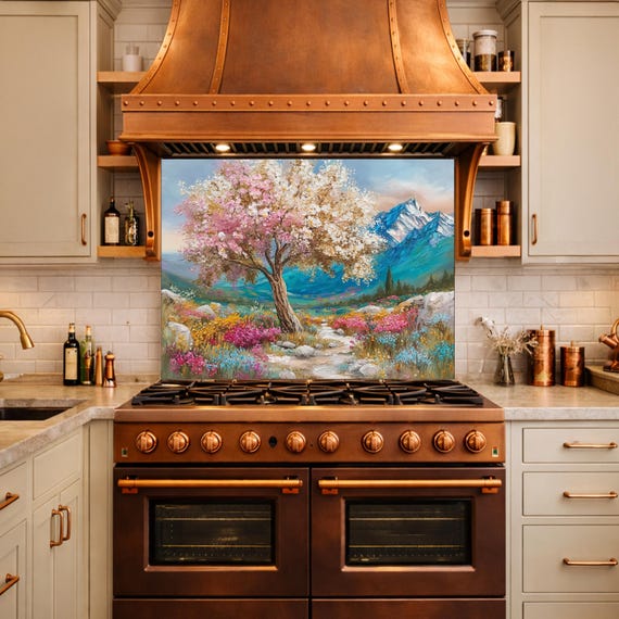 Blossom Tree Glass Kitchen Backsplash Panel, Mountain Floral Stove Guard Wall Art