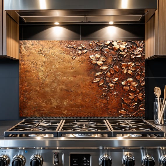 Floral Copper-Effect Tempered Glass Kitchen Backsplash: Rustic Heron Design