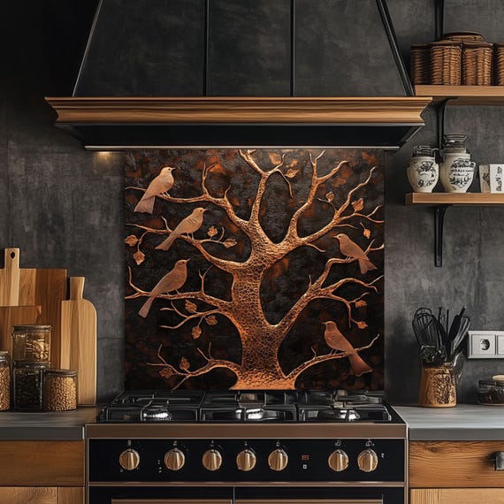 Copper Tree Tempered Glass Kitchen Backsplash: Rustic Bird Design