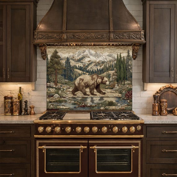 Tempered Glass Mountain Bear Kitchen Backsplash, Rustic Wildlife Stove Guard Wall Art
