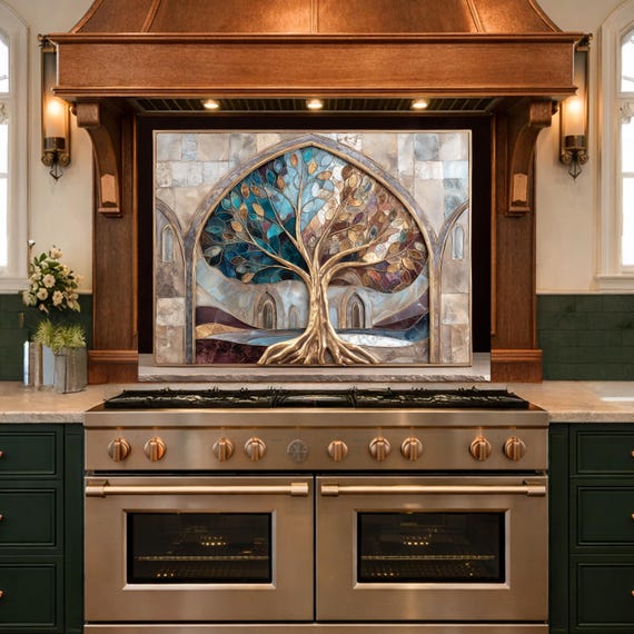 Tree of Life Glass Backsplash, Stained Glass Arch Kitchen Wall Panel