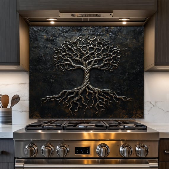 Metal Tree of Life Kitchen Backsplash, Industrial Tempered Glass Art, Custom Size Design