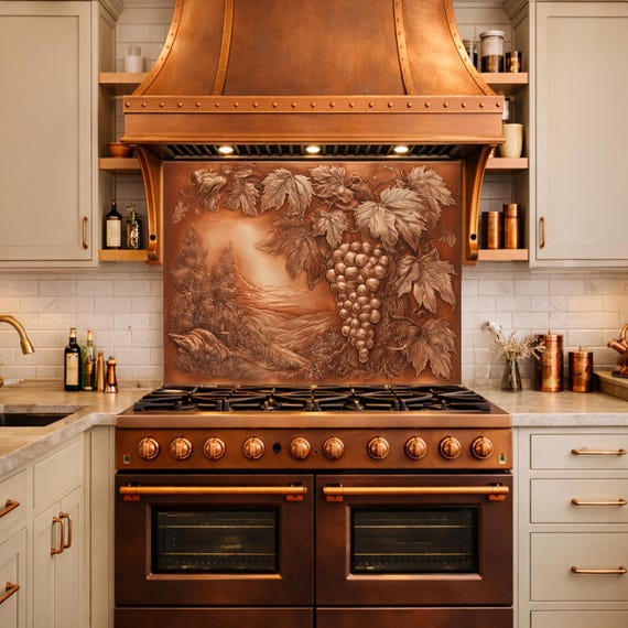 Vineyard Harvest Tempered Glass Backsplash, Copper Look Grapes and Vines Wall Panel, Custom Size