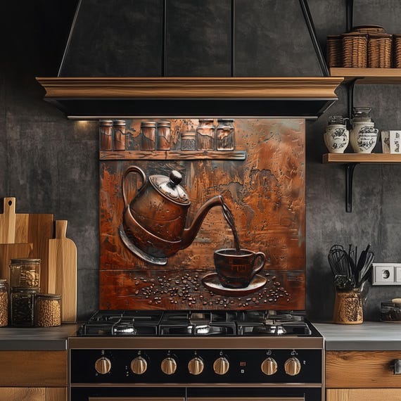 Copper Teapot Tempered Glass Kitchen Backsplash: Rustic Stove Protector