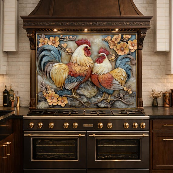 Colorful Rooster Glass Backsplash, Farmhouse Kitchen Decor UV Printed Panel