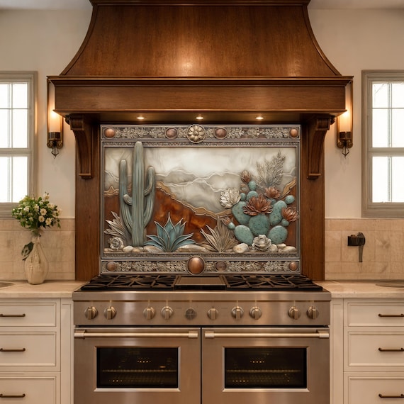 Desert Landscape Tempered Glass Backsplash, Copper Look Saguaro Cactus Wall Panel, Custom Size