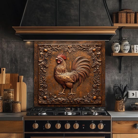 Rustic Rooster Tempered Glass Kitchen Backsplash: Farmhouse Decor