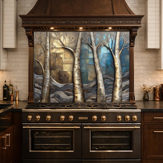 Birch Tree Kitchen Panel, Tempered Glass Mosaic Splashback, Rustic Forest Nature Art