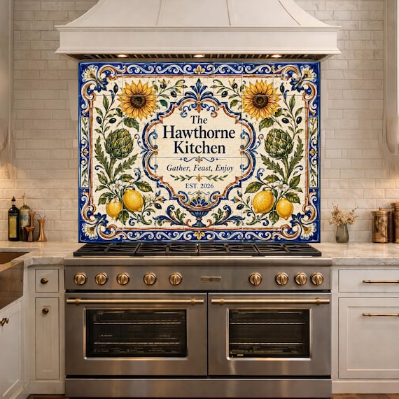 Personalized Mediterranean Tile Backsplash, Custom Family Kitchen Sign, Italian Ceramic Style Tempered Glass Backsplash