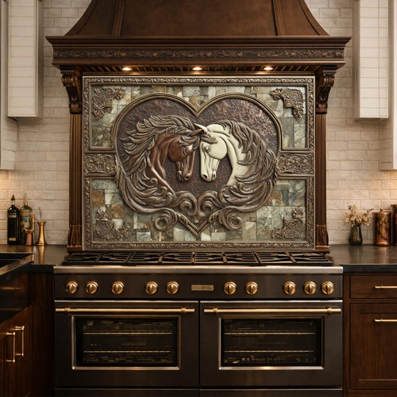 Loving Horses Tempered Glass Backsplash, Copper Look Heart Horse Wall Panel, Custom Size