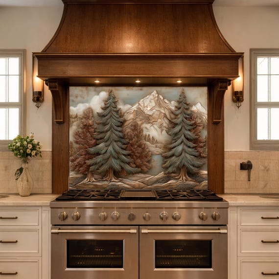 Alpine Pine Forest Backsplash, Copper Look Mountain Landscape Wall Panel, Custom Size