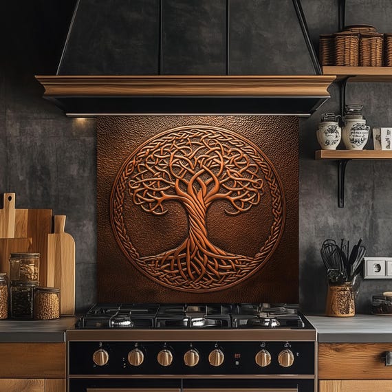 Celtic Tree of Life Kitchen Backsplash, Copper Look Tempered Glass, Custom Size Design