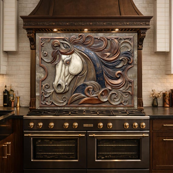 Equestrian Art Tempered Glass Backsplash, Copper Look Flowing Mane Horse Wall Panel, Custom Size