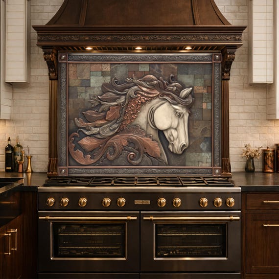 Equestrian Spirit Tempered Glass Backsplash, Copper Look Horse Portrait Wall Panel, Custom Size