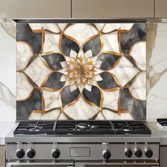 Moroccan Floral Glass Backsplash, Artistic Stove Guard, Heat Resistant Easy Clean Kitchen Wall Art