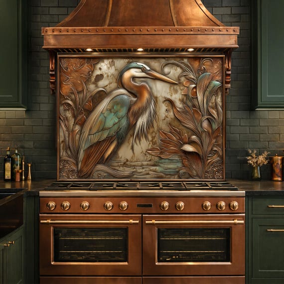 Blue Heron Tempered Glass Backsplash, Copper Botanical Bird Wall Panel, Custom Size