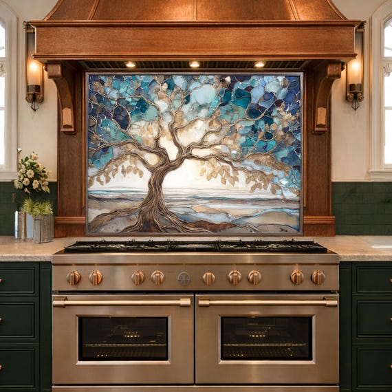Tempered Glass Tree of Life Kitchen Backsplash Panel – Blue Marble Stove Art