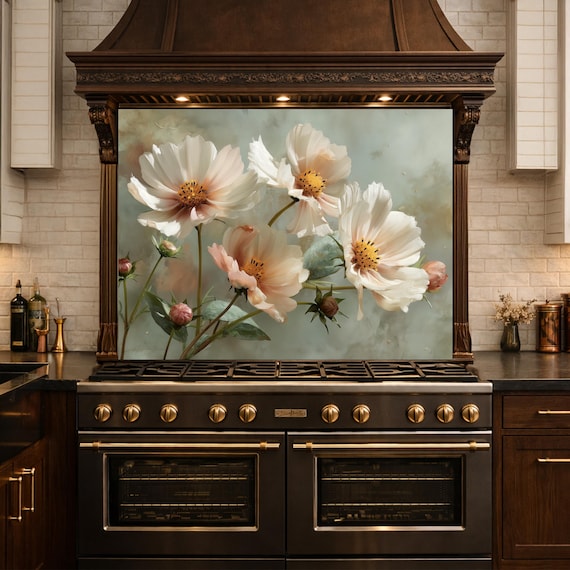 Tempered Glass Kitchen Backsplash: White Cosmos Floral Botanical Art – Cottage Decor